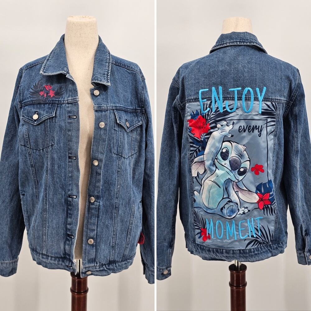 Disney Stitch Denim Jacket Women's Oversized XS Disneyland Paris Embroidered NWT